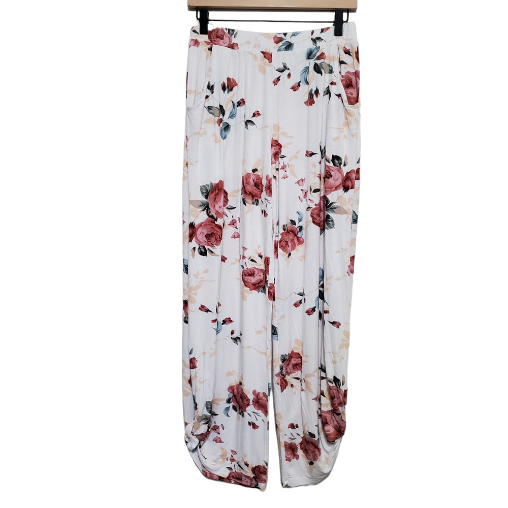 7th Ray Red Cream Floral Harem Lounge Pants Split Leg Ankle Tie Pockets Large